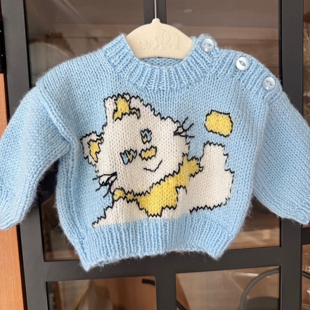 Vintage 70s handmade crochet newborn baby sweater knitted cat unisex boy girl